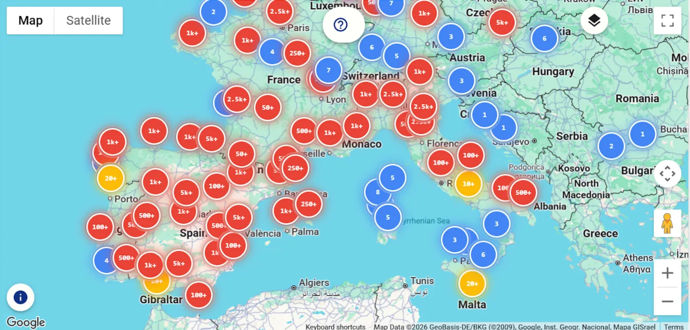 Real Admin4Dis map with spots clustered across Europe