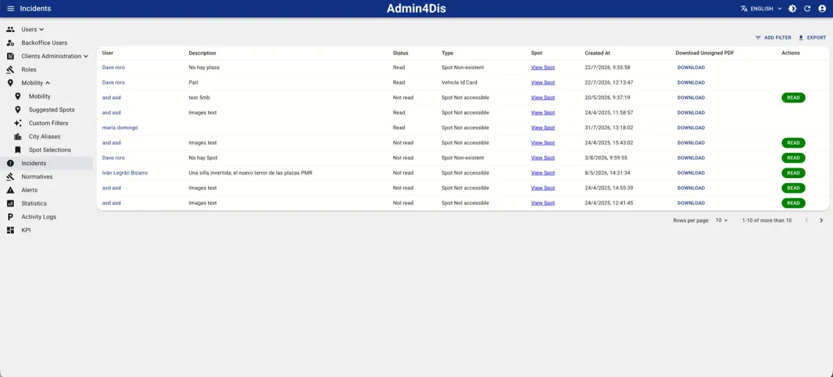 Real view of the Admin4Dis Incidents module with the incident list