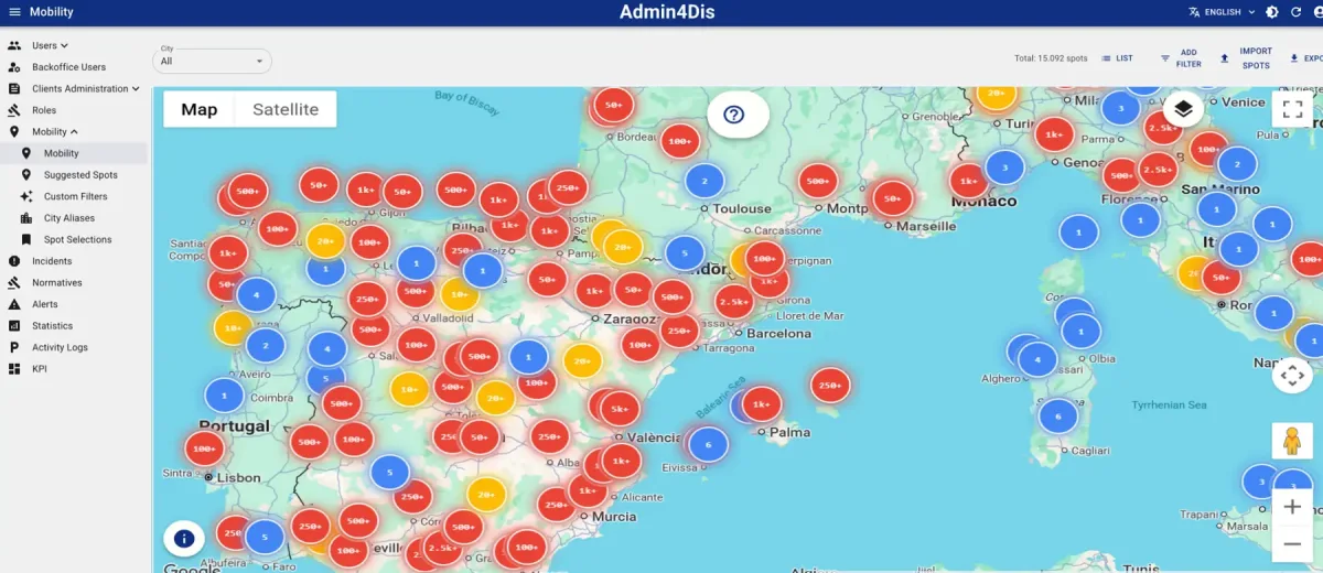 Real view of the Admin4Dis Mobility module with the PRM spot map of València