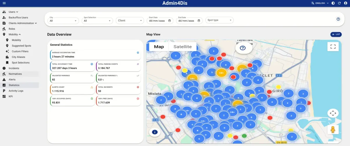 Real view of the Admin4Dis Statistics module with indicators and an activity map